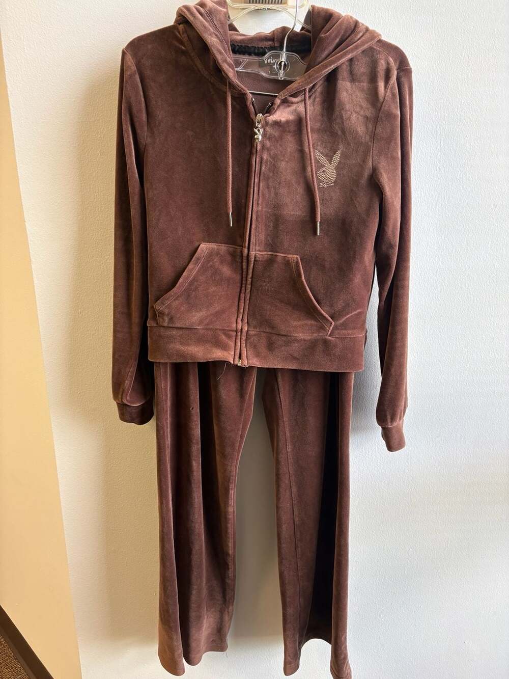 Y2K Playboy Chocolate Brown Rhinestone Velour Tracksuit Set